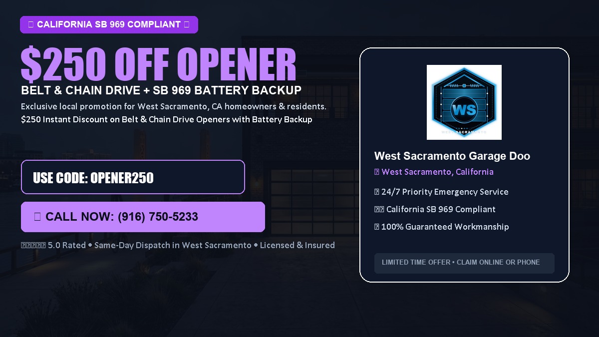 $250 OFF Smart Garage Door Opener Installation (Belt & Chain Drive with California SB 969 Battery Backup) in West Sacramento, CA